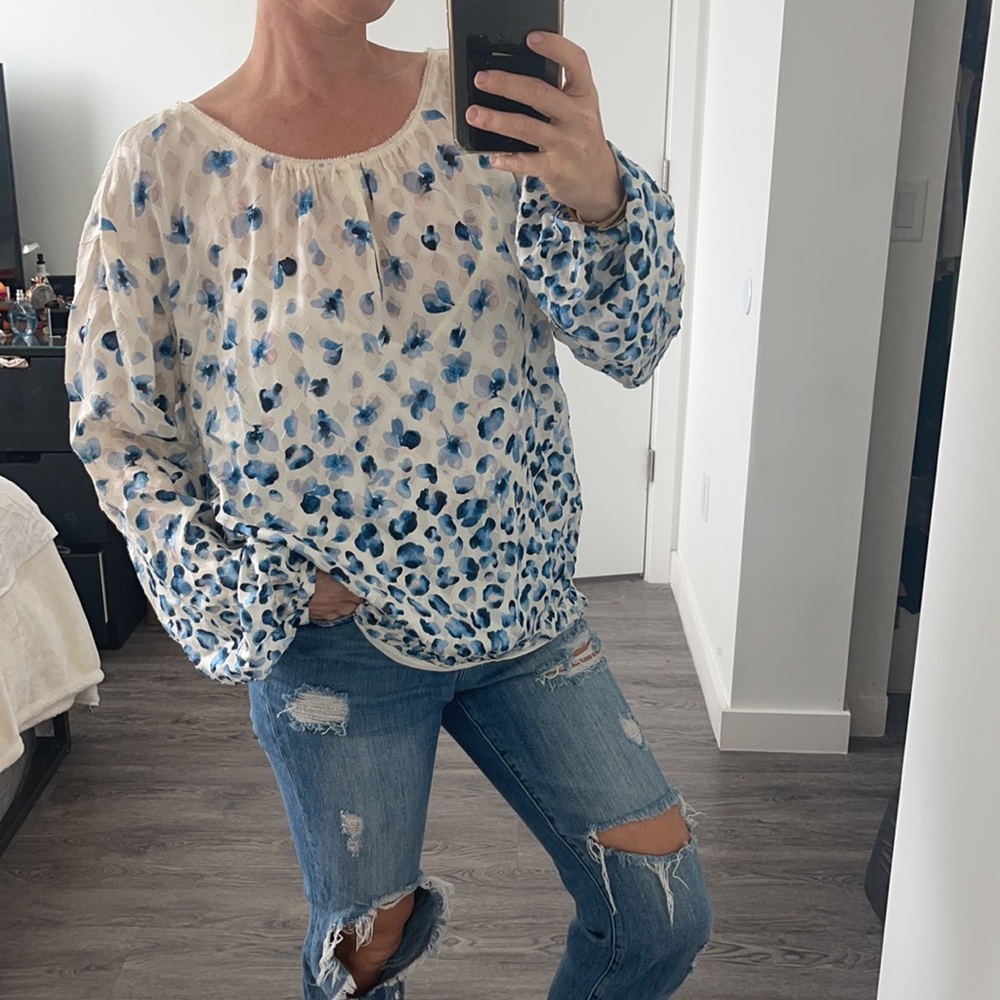 Tory Burch White and Blue Patterned Blouse